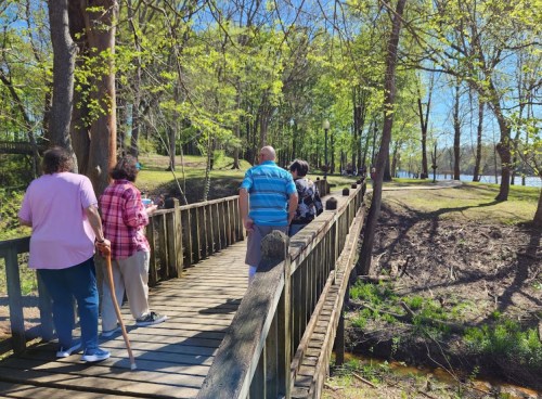 A group of people walking on a wooden bridge surrounded by trees and greenery on a sunny day.