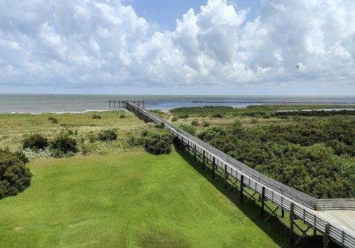 A wooden boardwalk leads to the ocean, surrounded by green grass and shrubs under a cloudy sky.