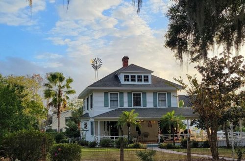 A charming two-story house with a windmill, surrounded by palm trees and lush greenery under a partly cloudy sky.