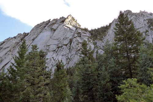 A rocky mountain peak rises above a dense forest of evergreen trees under a partly cloudy sky.