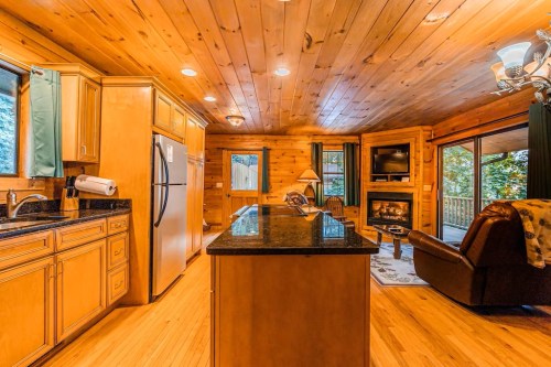 Cozy wooden kitchen with granite island, stainless steel appliances, and a living area featuring a fireplace and TV.
