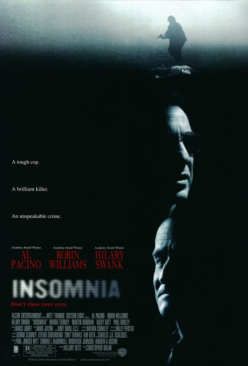 Movie poster for "Insomnia," featuring Al Pacino, Robin Williams, and Hilary Swank, with a dark, suspenseful design.