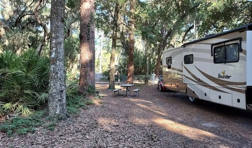 An RV parked in a wooded area with tall trees and a small table nearby, surrounded by fallen leaves.