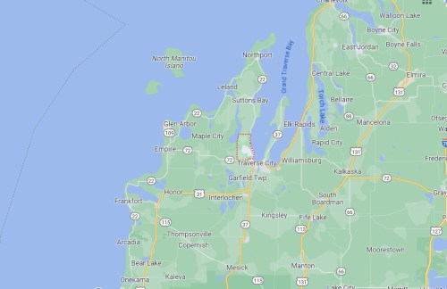 Map showing the northwestern region of Michigan, including Traverse City and surrounding areas.