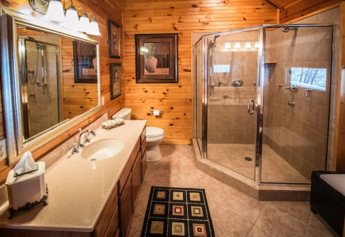 A cozy bathroom with wooden walls, a glass shower, a sink, and decorative artwork.
