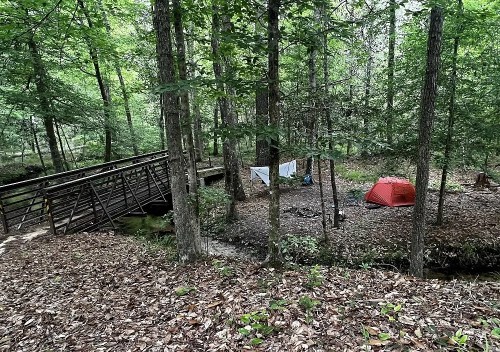 A campsite in a wooded area featuring a red tent, a bridge, and clothes hanging on a line among the trees.