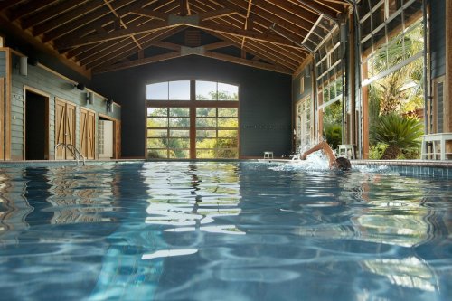 Indoor swimming pool with a person swimming, surrounded by large windows and tropical plants.