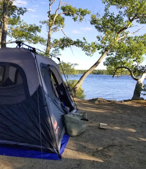 A tent set up by a serene lakeside, surrounded by trees and a clear blue sky.