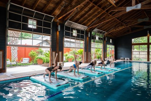 A group of people practicing yoga on paddle boards in an indoor pool with large windows and tropical plants.