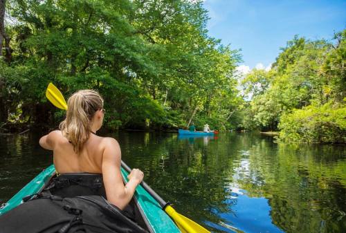 A person kayaking on a calm river surrounded by lush greenery and another kayak in the distance.
