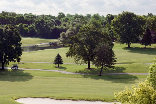 A scenic view of a golf course with lush greenery, a pond, and a golf cart on a path.