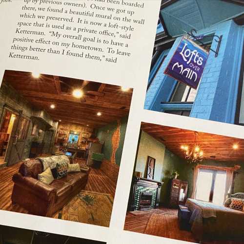 Collage of images showcasing a cozy loft interior, a mural, and an exterior sign for "Lofts Over Main."