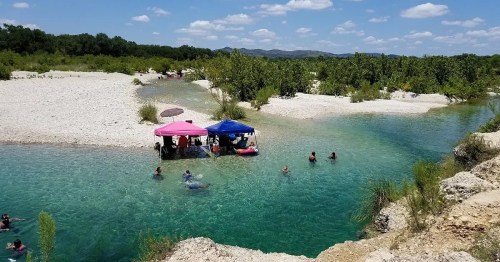 A sunny river scene with people swimming and relaxing under colorful umbrellas on a sandy bank surrounded by greenery.