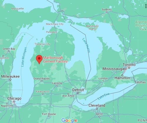 Map highlighting the location of Marlborough Cement Factory in Michigan, near Lake Huron and surrounding cities.