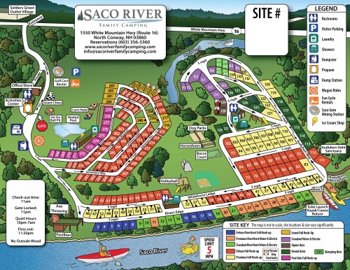 Map of Saco River Family Camping, showing site numbers, amenities, and layout of the campground in North Conway, NH.