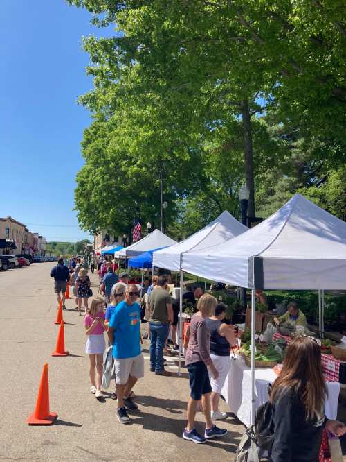 A bustling outdoor market with people browsing stalls under white tents, surrounded by trees and a clear blue sky.