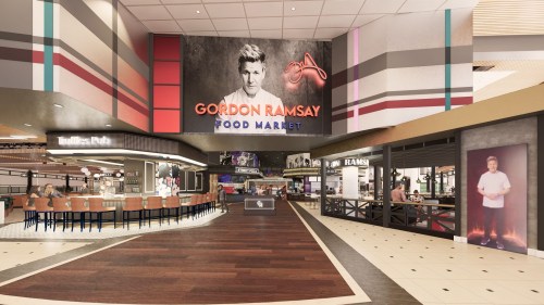 Interior view of Gordon Ramsay Food Market, featuring dining areas and a large promotional sign of Gordon Ramsay.