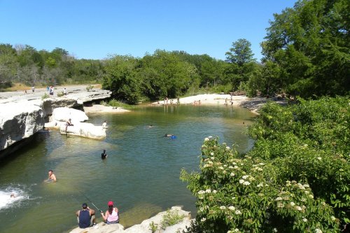 A sunny river scene with people swimming and relaxing on rocks, surrounded by trees and greenery.