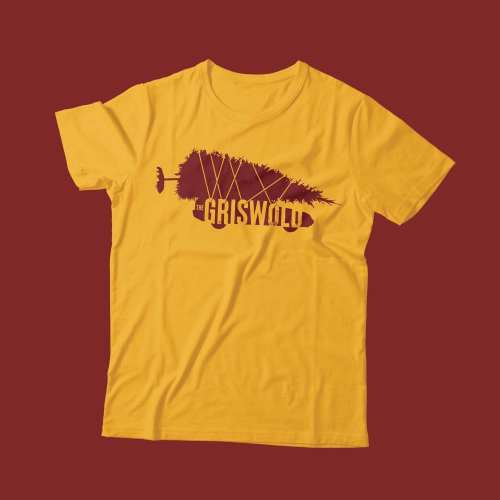 Yellow t-shirt featuring a graphic design of a tree and the text "The Griswold" in maroon.