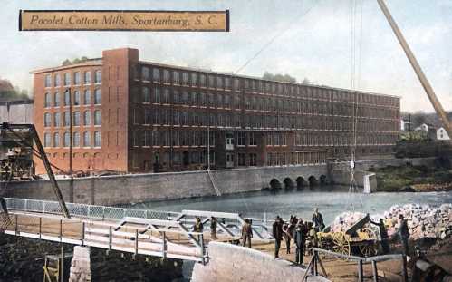 Historic Pocotet Cotton Mills in Spartanburg, S.C., featuring a large brick building by a river with workers and machinery.