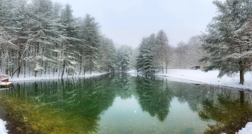 A serene winter scene of a snow-covered forest reflecting in a calm, green-tinted lake.