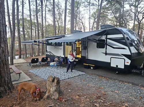 A person stands by a parked RV with an awning, a dog nearby, surrounded by trees and a picnic area.