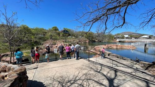 A group of people stands by a lake, enjoying the view on a sunny day with trees and a bridge in the background.