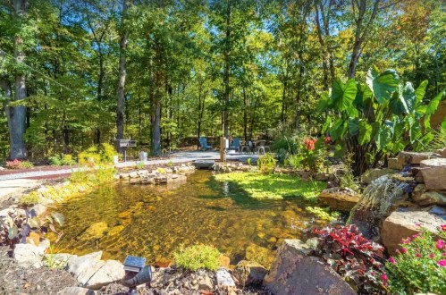 A serene garden pond surrounded by lush greenery and colorful flowers, with seating in the background.
