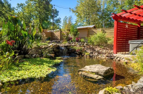 A serene garden pond with rocks, water lilies, and a small waterfall, surrounded by lush greenery and wooden fences.
