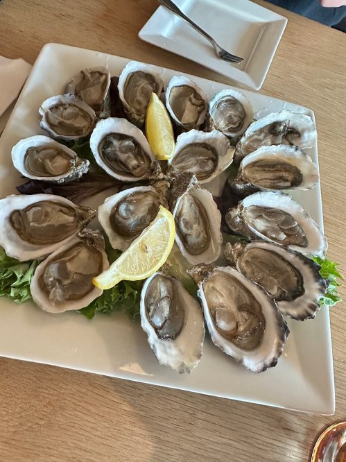 A platter of fresh oysters on a bed of lettuce, garnished with lemon wedges.