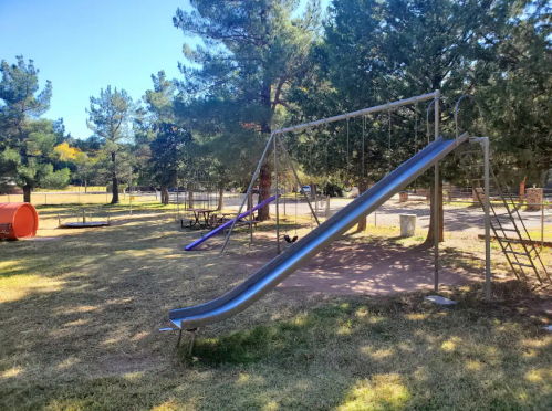 A playground with a metal slide, swings, and a grassy area surrounded by trees on a sunny day.