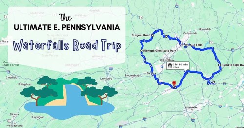 Map of a road trip route in E. Pennsylvania, highlighting waterfalls and key locations, with travel time and distance noted.