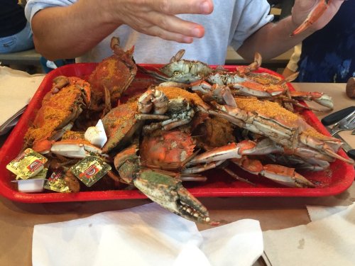 A red tray filled with cooked crabs, some covered in seasoning, alongside small packets of sauce.