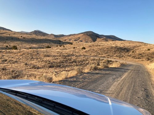 A gravel road winds through a dry, hilly landscape under a clear blue sky.