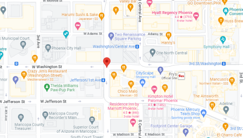 Map showing the intersection of W Washington St and Jefferson St in Phoenix, Arizona, with nearby landmarks and businesses.