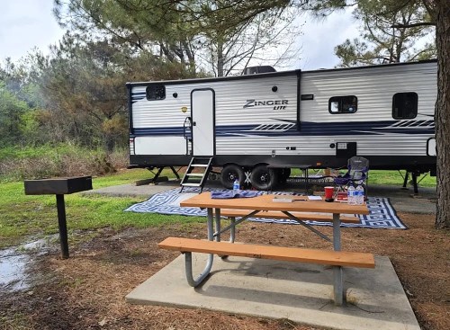 A parked travel trailer at a campsite with a picnic table and grill nearby, surrounded by trees and grass.