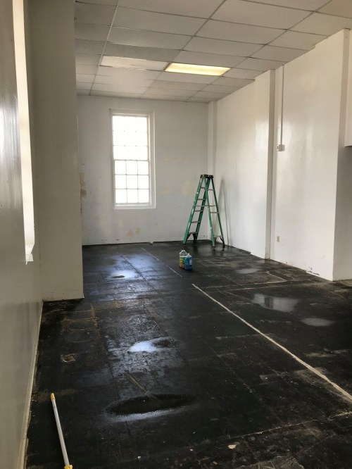 Empty room with a ladder, a cleaning solution bottle, and partially painted walls. Natural light from a window.