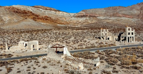 An aerial view of Rhyolite, an abandoned town in Nevada.