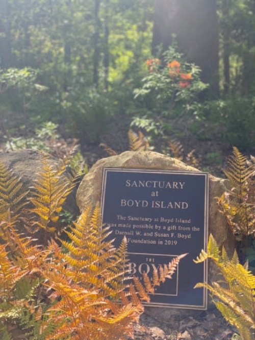 A plaque reading "Sanctuary at Boyd Island" surrounded by ferns in a wooded area, with sunlight filtering through trees.