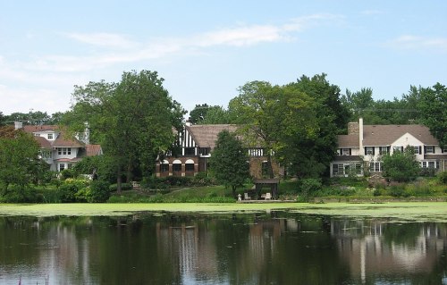 A serene lake view with lush greenery and charming houses along the shore under a clear blue sky.