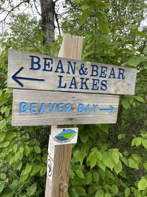Wooden signpost with directions to Bean & Bear Lakes and Beaver Bay, surrounded by greenery.