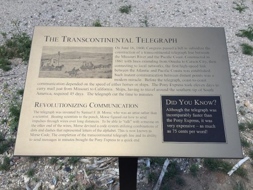 Sign about the Transcontinental Telegraph, detailing its history and impact on communication across the U.S.