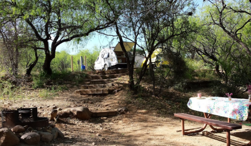 A campsite with a picnic table, fire pit, and a camper trailer surrounded by trees and a dirt path.