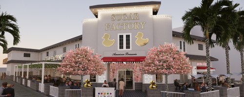 Exterior view of the Sugar Factory, featuring bright signage, cherry blossom trees, and outdoor seating.
