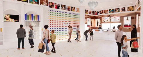 A bright, modern retail space with colorful wall art, shoppers browsing, and a reception area.