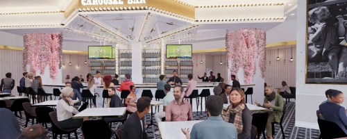 A stylish bar interior with patrons socializing, floral decor, and screens displaying sports events.