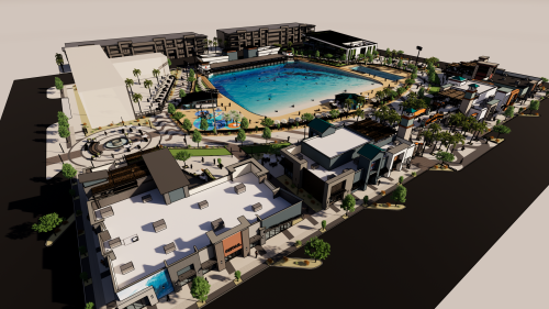 Aerial view of a large resort complex featuring a pool, buildings, and landscaped areas.