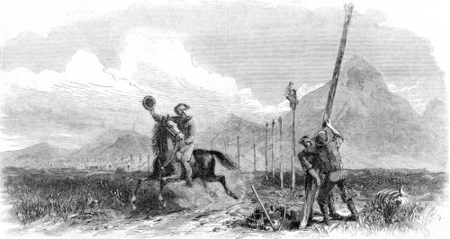 An illustration of workers erecting telegraph poles, with a horseman observing in a mountainous landscape.