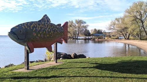 A large colorful fish sculpture stands by a calm lake with trees and a sandy beach in the background.