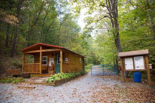A rustic wooden cabin surrounded by trees, with a gravel path and informational board nearby.